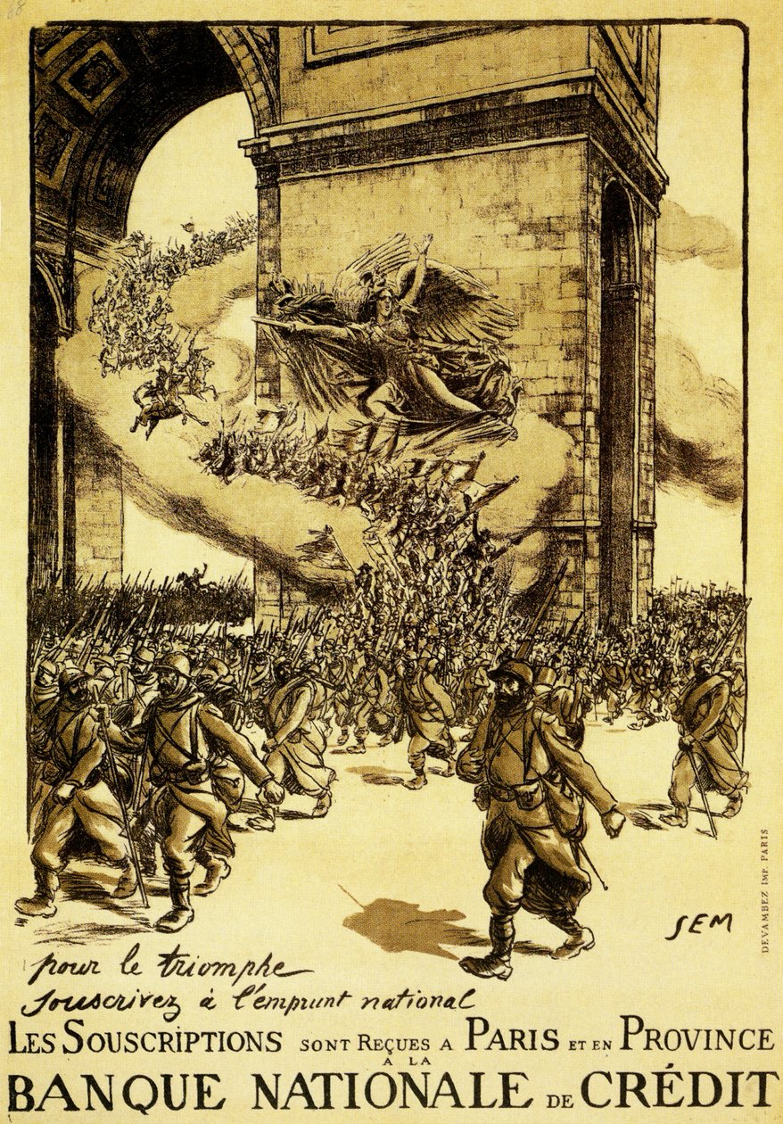 Politisk affisch. Frankrike. 1917. I triumfens namn, håll fast vid det nationella lånet. av Sem (1863 1934)
