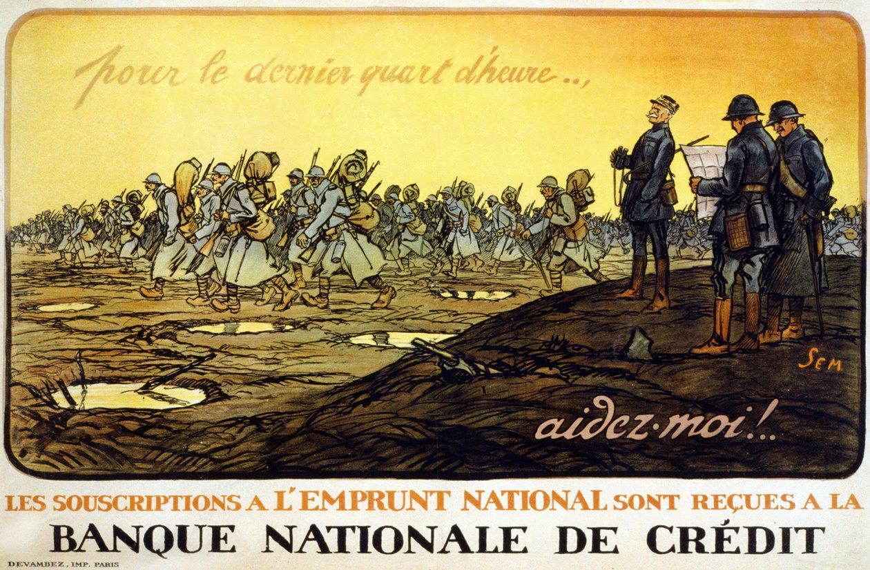 Affisch för rikslånet “” Den sista kvarten.. hjälp mig! National Loan prenumerationer tas emot av National Credit Bank”: General Ferdinand Foch (1851 - 1929) tittar på sina trupper som marscherar genom slagfältet. Av Sem av Sem