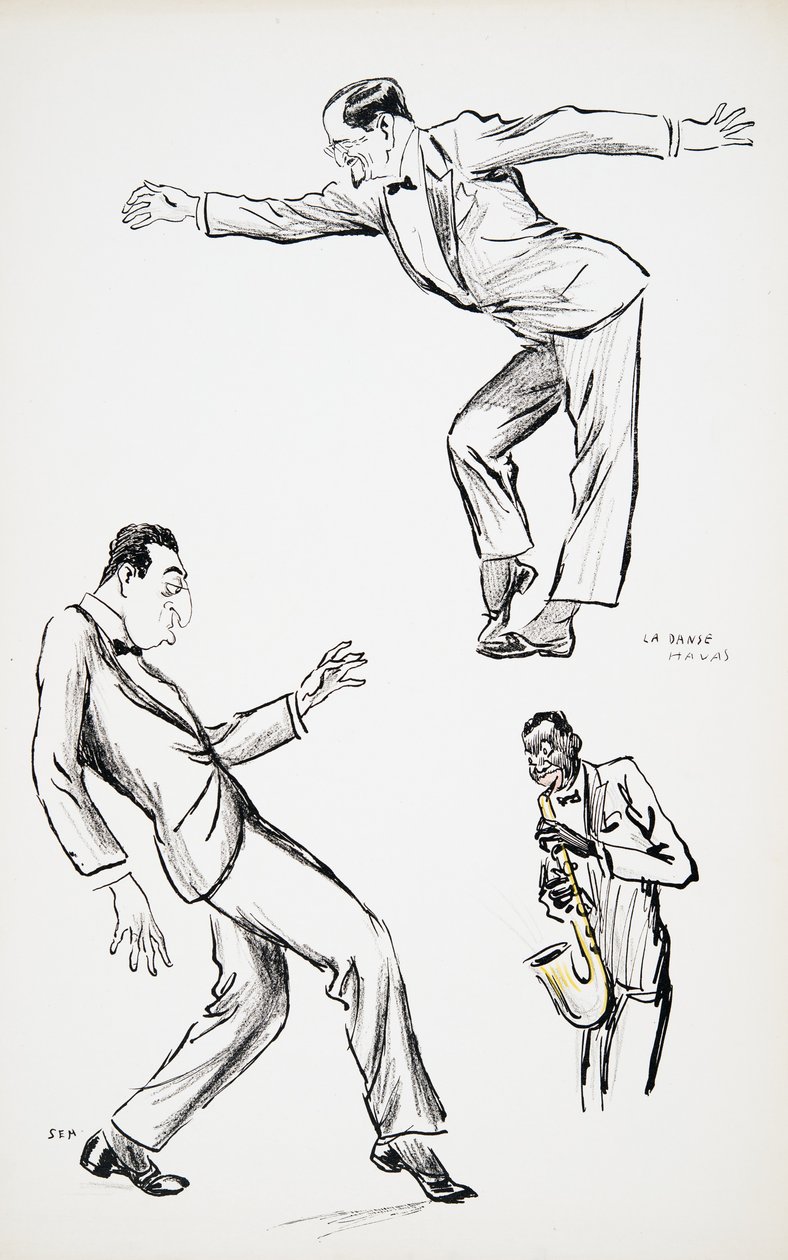 Två herrar i svart slips framför La Danse Havas till saxofon, från White Bottoms, pub. 1927 (färgblocktryck), från White Bottoms, pub. 1927 (färgblocktryck) av Sem
