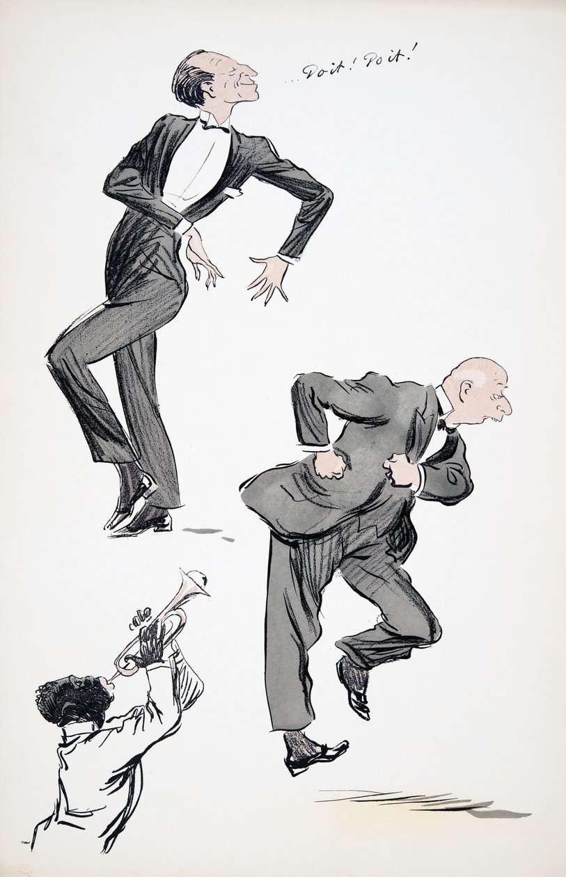 Två kostymklädda män dansar medan en musiker spelar trumpet, från White Bottoms, pub. 1927 (färgblocktryck) av Sem