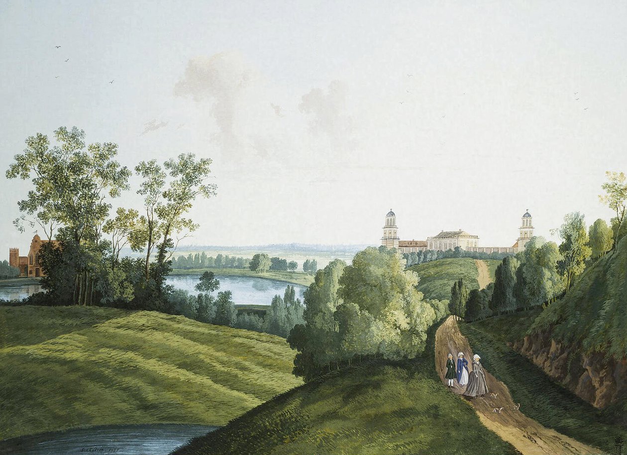 ""Landskap med en gård i parken i Tsarskoye Selo"" av Semyon Fyodorovich Shchedrin (Semion Chtchedrine) (1745-1804). Gouache och bläck på papper av Semen Fedorovich Shchedrin