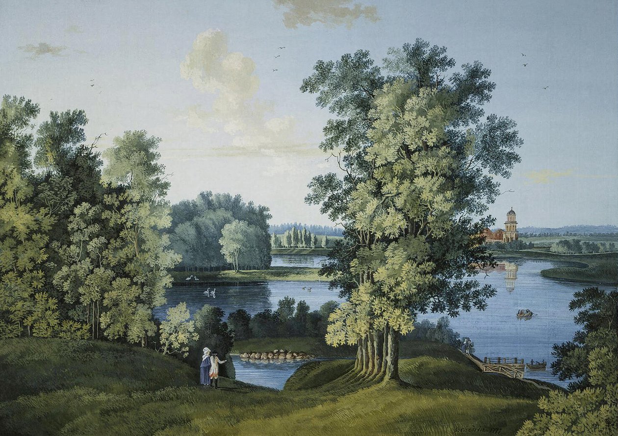 ""Utsikt över den stora dammen i parken i Tsarskoye Selo"" av Semyon Fyodorovich Shchedrin (Semion Chtchedrine) (1745-1804), Gouache och bläck på papper av Semen Fedorovich Shchedrin