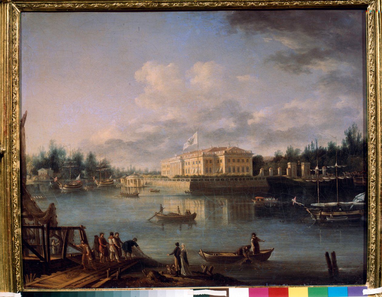 Utsikt över Kamennoostrovsky-palatset från Strogonov-vallen, Sankt Petersburg. Målning av Semyon Fyodorovich Shchedrin (Semion Shchedrin) (1745-1804), olja på duk av Semen Fedorovich Shchedrin
