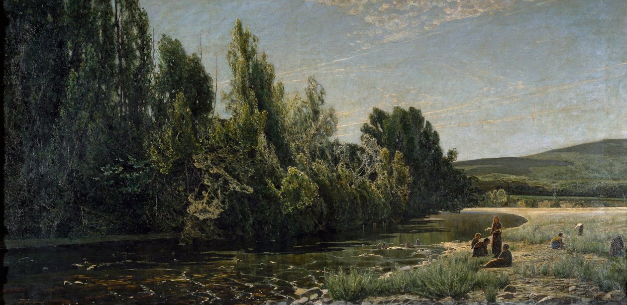 Stränderna av floden Bormida, Italien (olja på duk av Serafin Avendano
