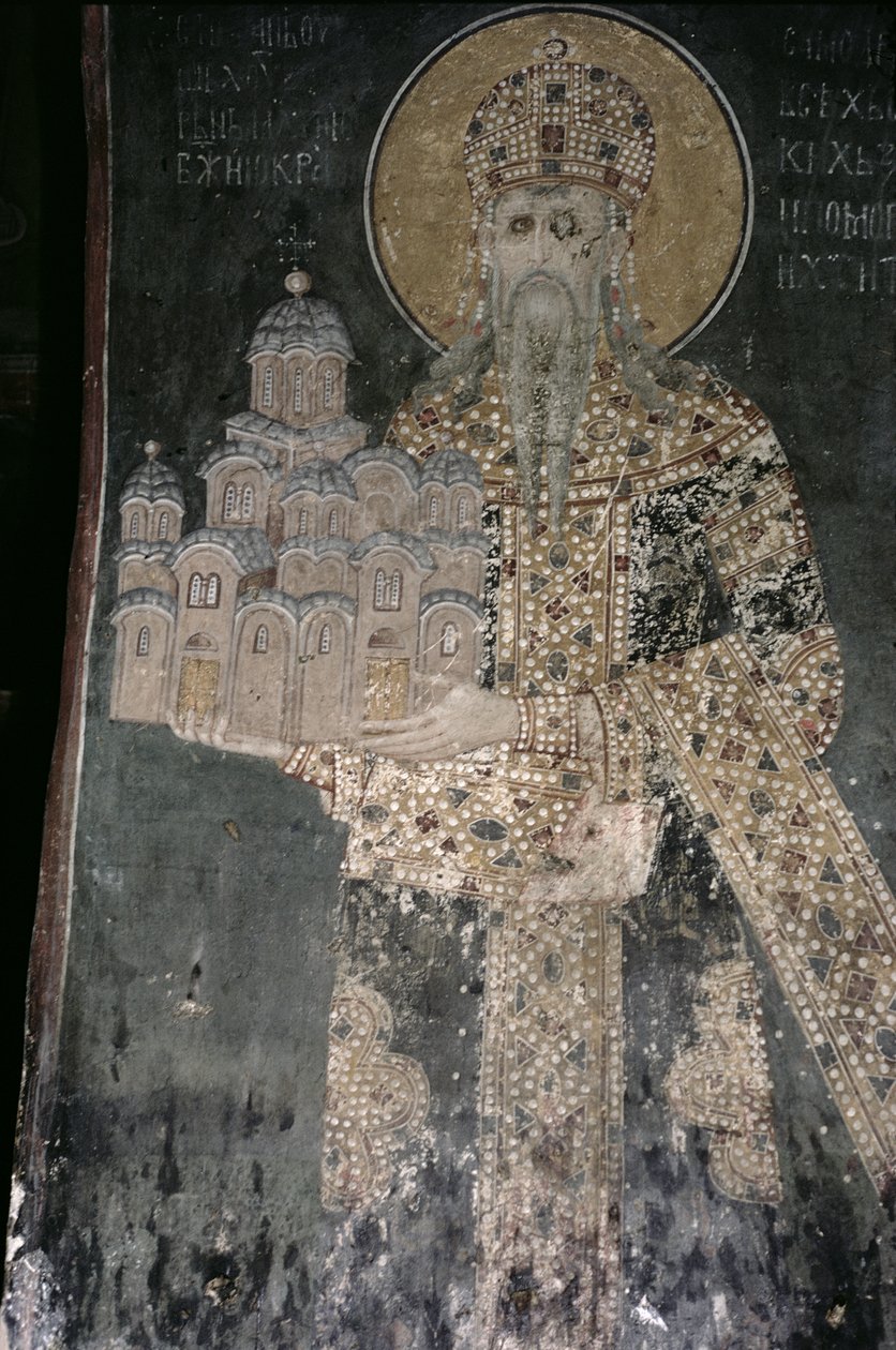 Kung Stephen Uros II Milutin (r.1282-1321) med en modell av kyrkan, 1311-21 av Serbian School
