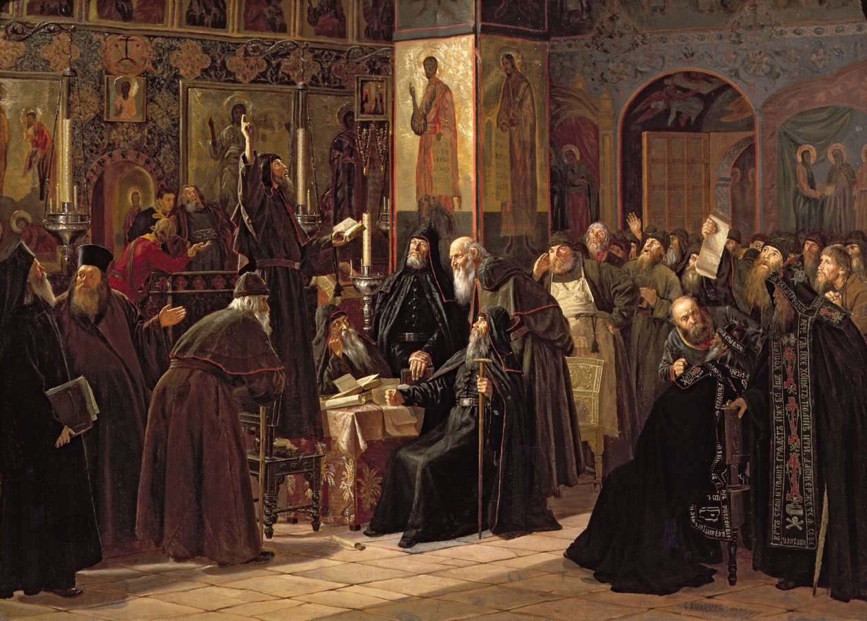 Solovetsy-klostrets revolt mot de nya böckerna 1666, 1885 av Sergei Dmitrievich Miloradovich