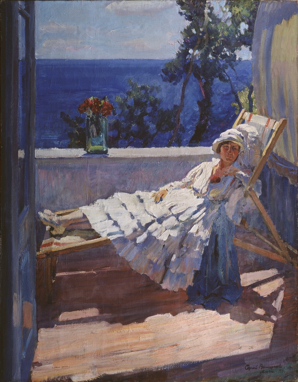 En dam på balkongen, 1916 av Sergei Arsenevich Vinogradov