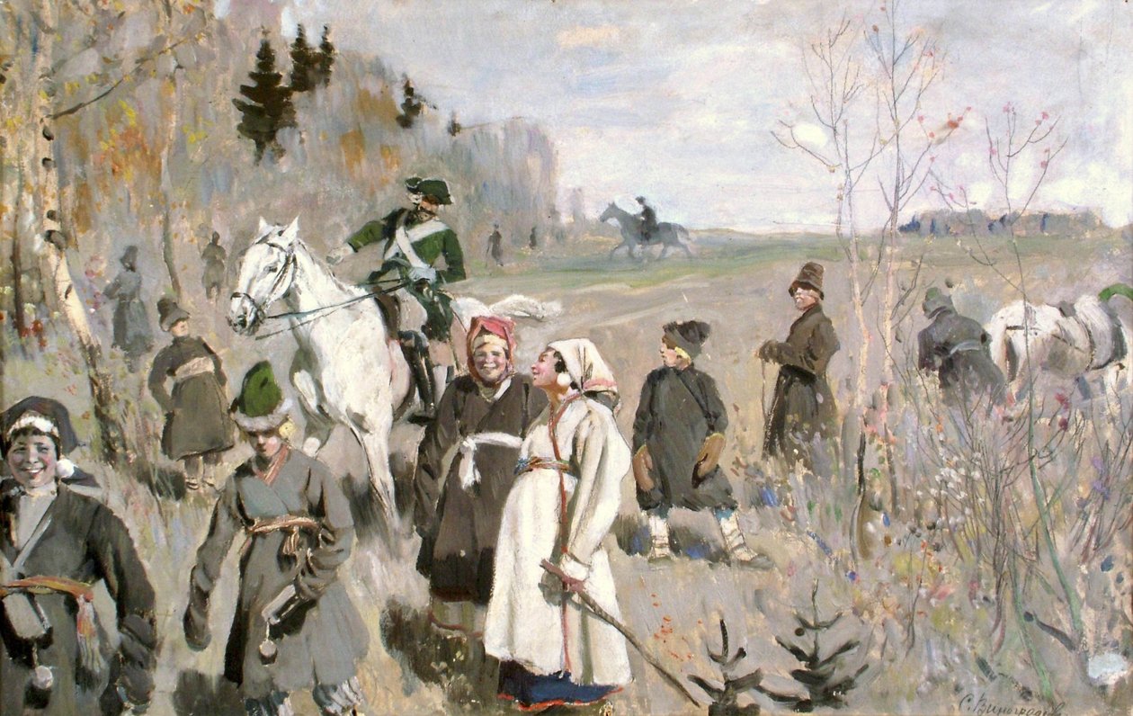 Jakt på tsaren Peter den stores tid, 1907 av Sergei Arsenevich Vinogradov