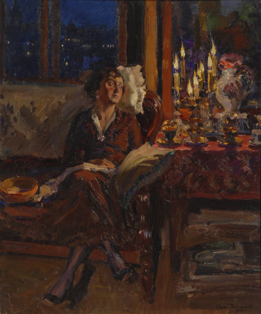 Dam med bok i en interiör, 1917 av Sergei Arsenevich Vinogradov