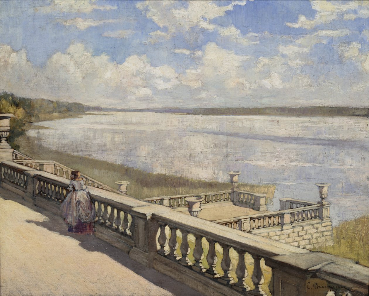Solig dag. En dam vid balustraden, 1908 av Sergei Arsenevich Vinogradov
