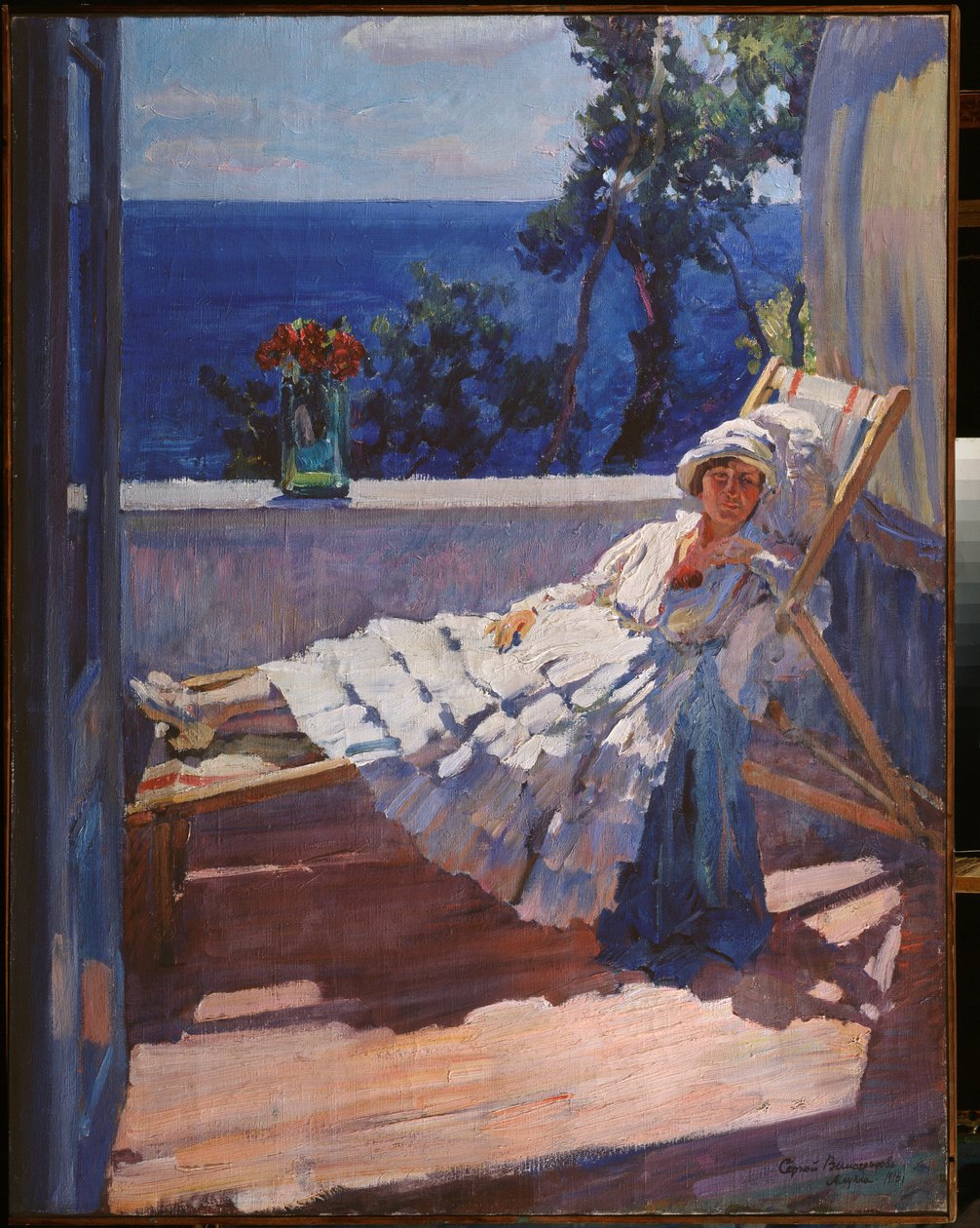 A Lady on the Balcony - Målning av Sergei Arsenyevich Vinogradov (1869-1938), olja på duk av Sergei Arsenevich Vinogradov