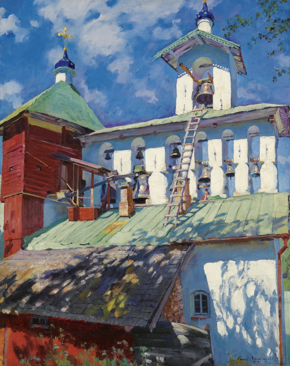 ""Utsikt över klocktornet i Pskov Caves Monastery (Pskov-Pechory Dormition Monastery eller Pskovo-Pechersky) i Pechory, Ryssland"" (Klocktorn i Pskovo-Pechersky Monastery) Målning av Sergei Vinogradov (1869-1938) - 1929 - Olja på duk sön 8 av Sergei Arsenevich Vinogradov