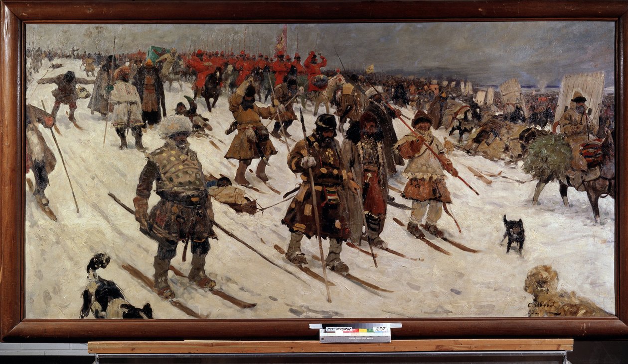 rysk militär kampanj på 1500-talet; (Ryssens militära kampanj på 1500-talet). Ryska krigare på skidor som avancerar genom snön. Målning av Sergei Vasilyevich Ivanov (1864-1910), olja på duk av Sergei Ivanovich Gribkov