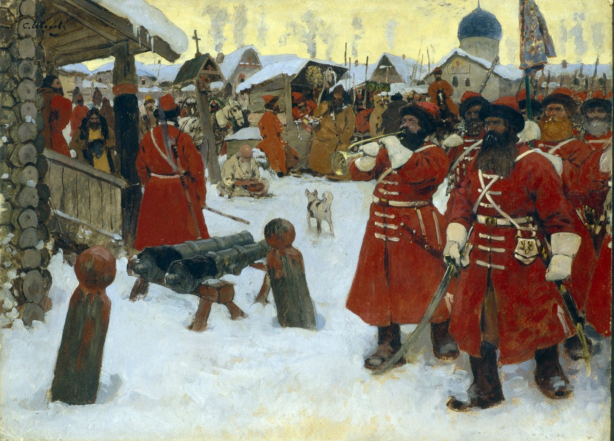 Streltsy-truppen (strelets) - Målning av Sergei Vasilyevich Ivanov (1864-1910), olja på duk av Sergei Ivanovich Gribkov