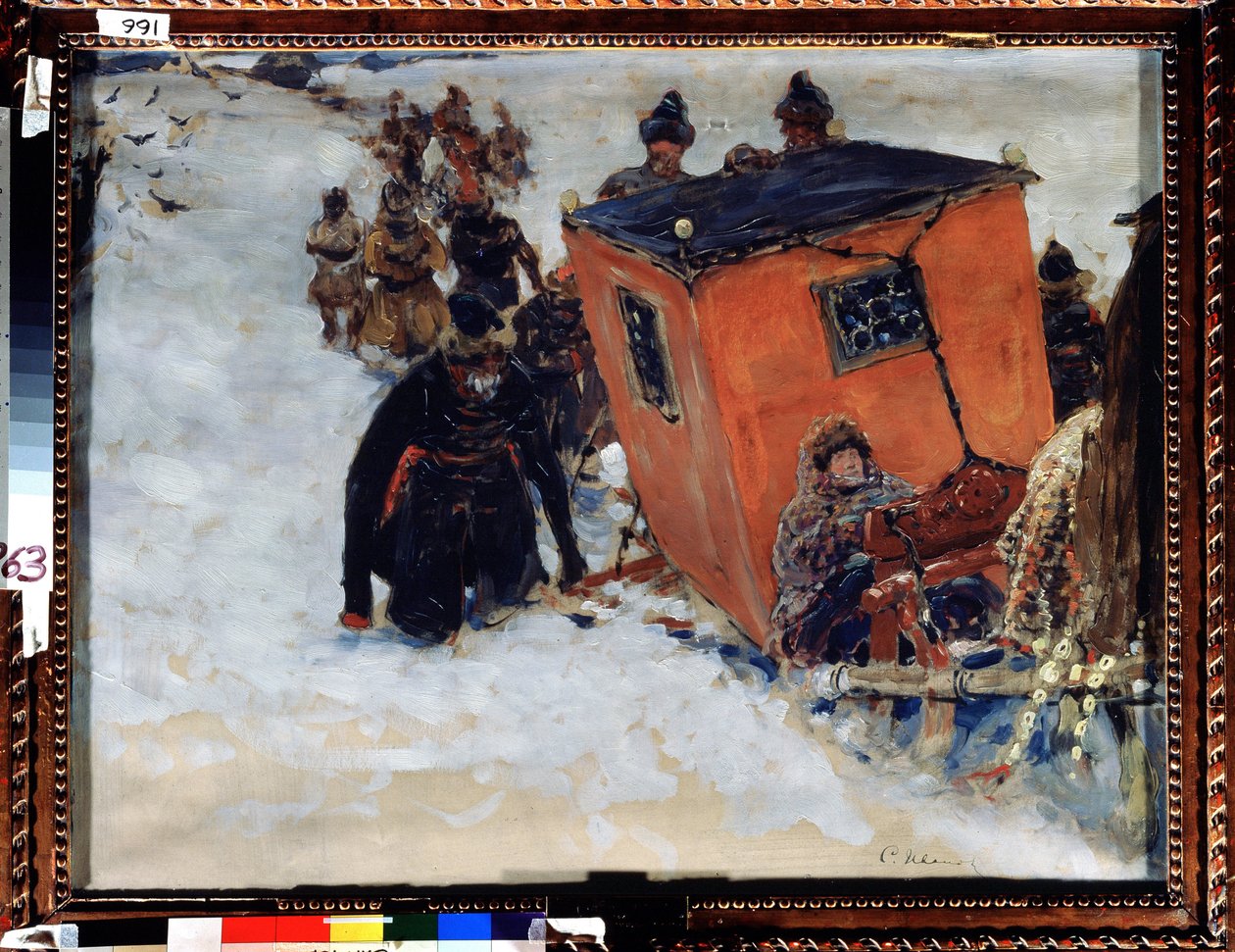 Släden stänger bojarer (boiard, boiar) (ryska aristokrater) (Bojarens stängda släde). Verk av Sergei Vasilyevich Ivanov (1864-1910), olja på papper av Sergei Ivanovich Gribkov