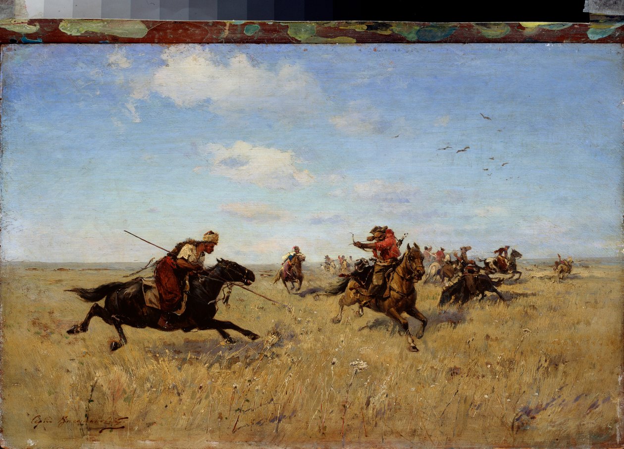 Kampen mellan Dneprkosacker och tatarer - Målning av Sergei Ivanovich Vasilkovsky (1854-1917), olja på duk av Sergei Ivanovich Vasilkovsky