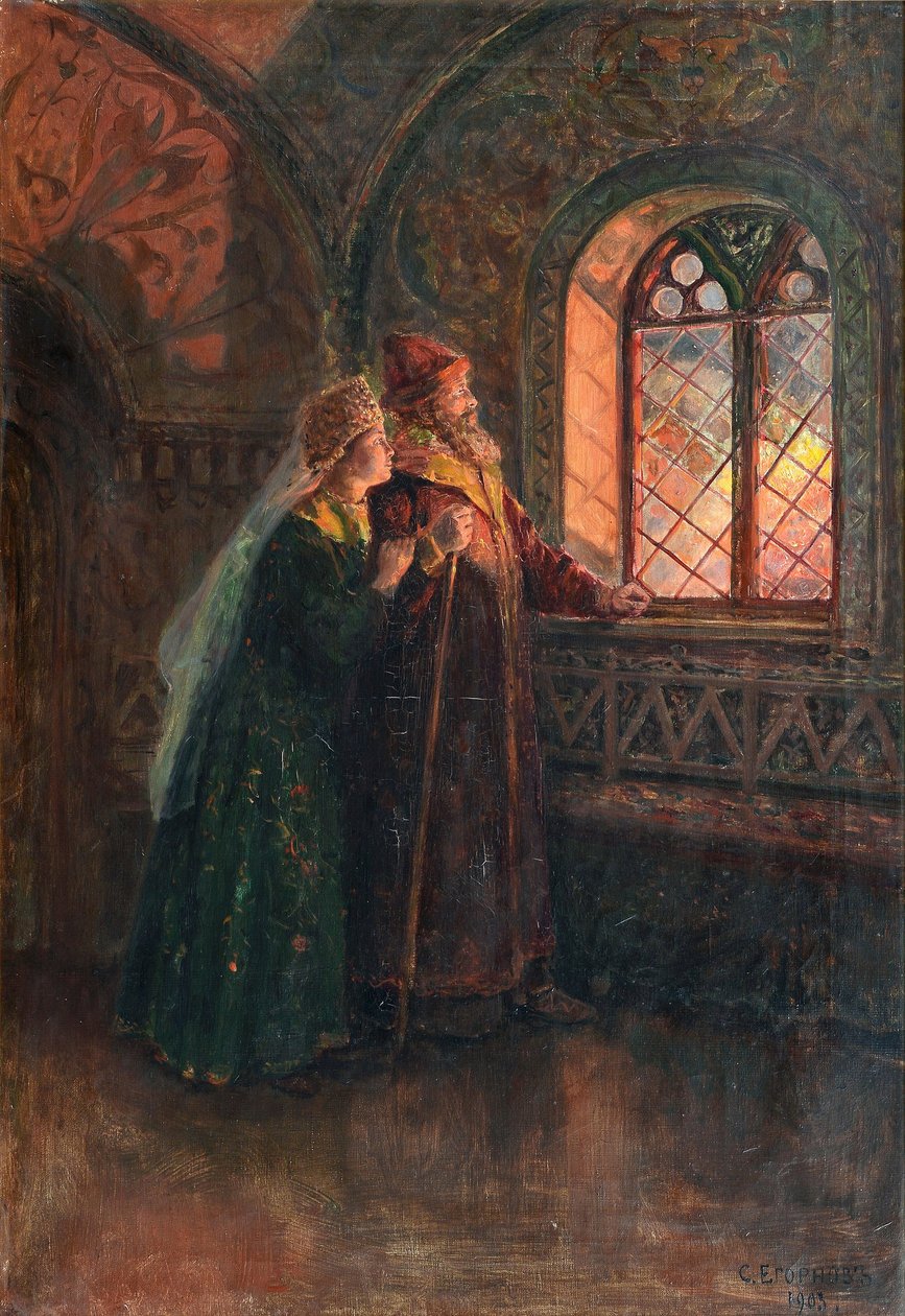Tsar Alexei Mikhailovich och Maria Miloslavskaya under Moskvabranden 1903 av Sergei Semyonovich Yegornov