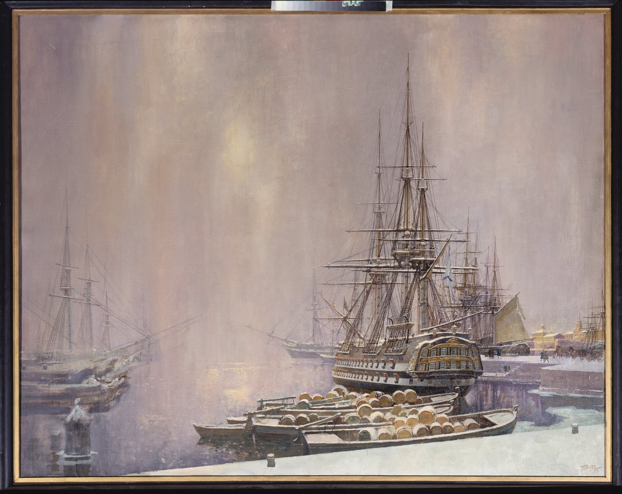 Kronstadt på vintern (Hamnen vid Östersjön på Peter den stores tid (1672-1725) - Kronstadt på vintern - Målning av Sergei Varlenovich Pen (född 1952), olja på duk av Sergei Varlenovich Pen