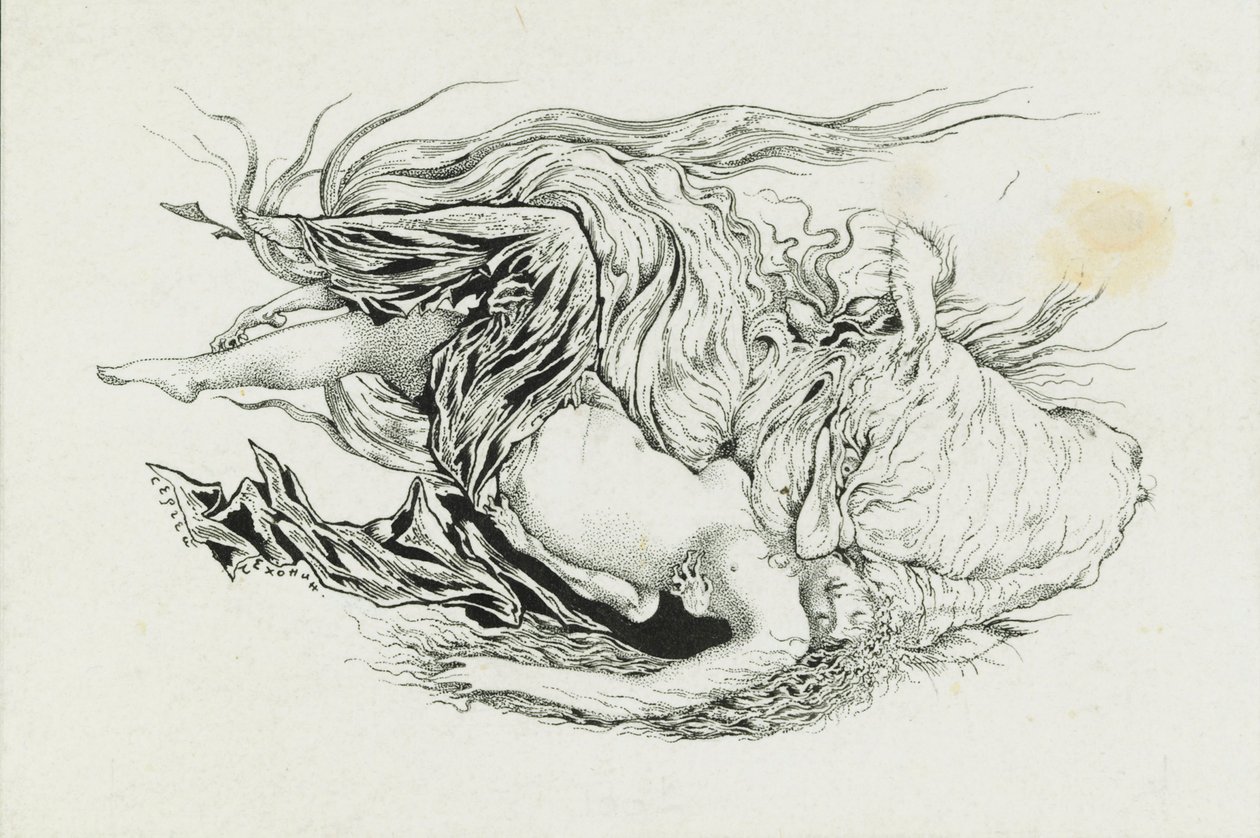 Chernomor och Lyudmila. Illustration till dikten Ruslan och Lyudmila av A. Pushkin, 1921-1926. av Sergei Vasilevich Chekhonin
