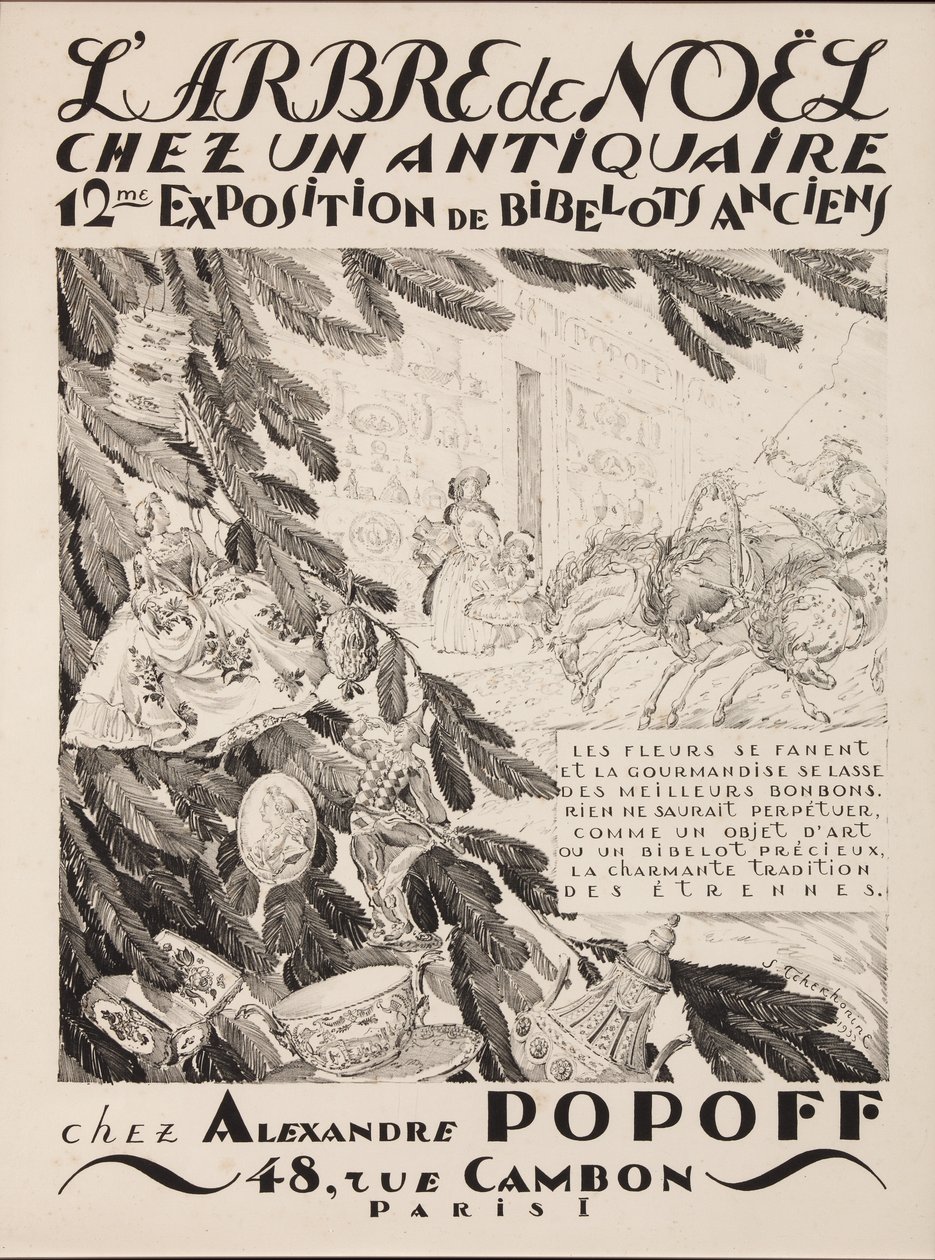 Julgranen hos en antikhandlare, 12:e utställningen på Alexandre Popoff, 1933 av Sergei Vasilevich Chekhonin