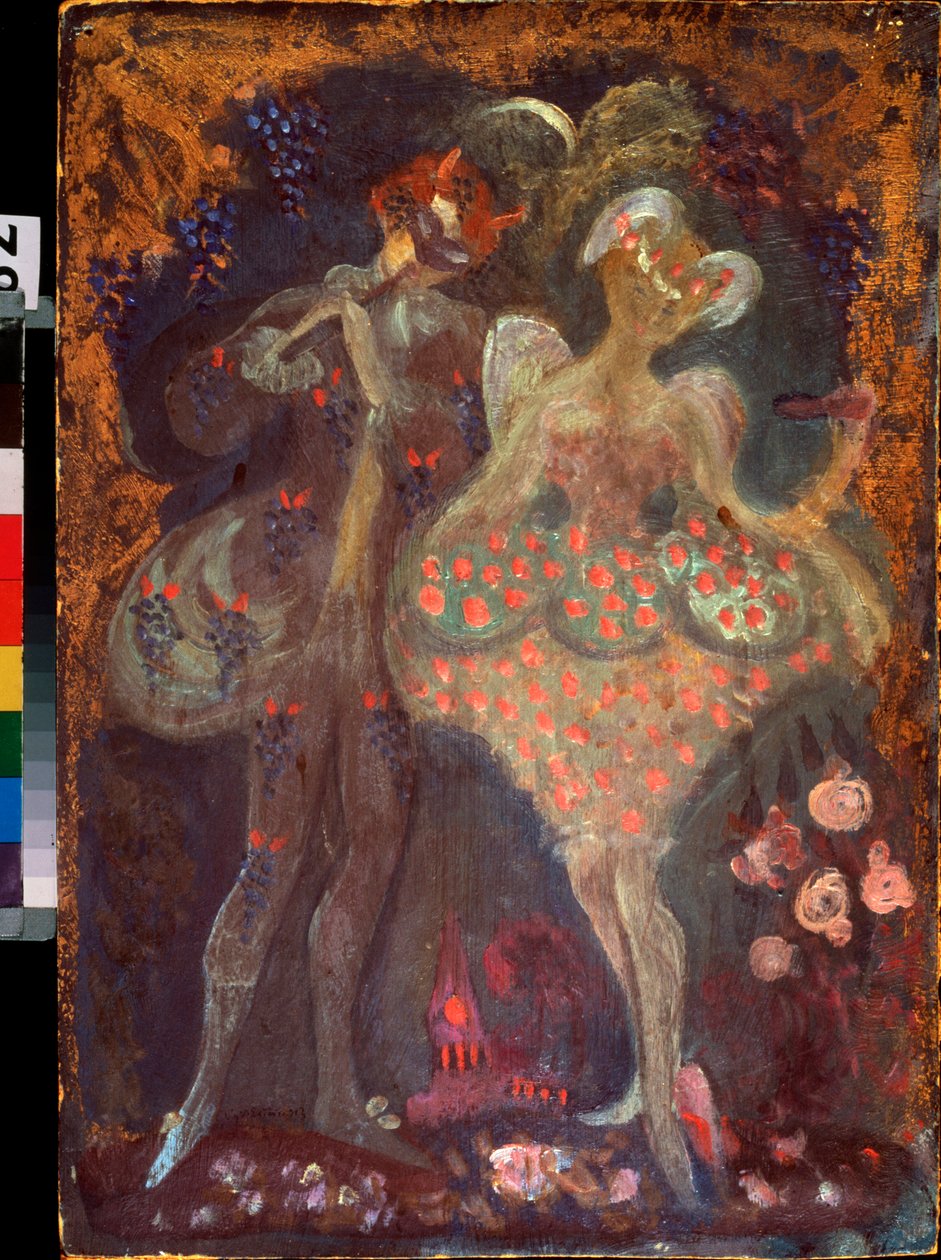 Amor och en faun. Verk av Sergei Yurievich Sudeykin (Serge Soudeikine) (1882-1946), tempera på kartong. Rysk konst, tidigt 1900-tal. Statens konstmuseum i Tatarstan, Kazan (Ryssland). av Sergei Yurevich Sudeikin