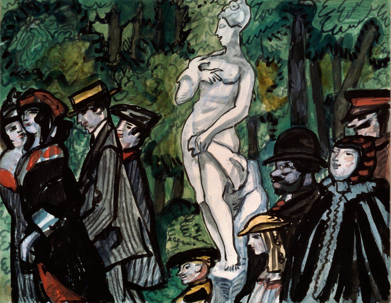 I sommarträdgården. (Familjer i sitt söndagsbästa på promenad runt en staty i Sankt Petersburg). Verk av Sergei Yurievich Sudeykin (Serge Soudeikine) (1882-1946), penna, gouache och bläck på papper. rysk konst av Sergei Yurevich Sudeikin