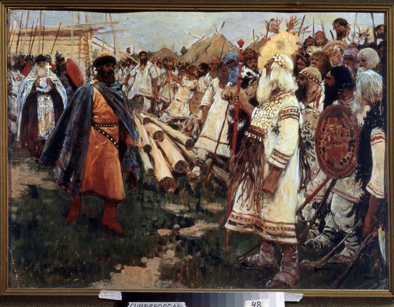 ""Kristendom och hedendom"" Kristnande av Ukraina - Allegori över de två religionerna ansikte mot ansikte - Målning av Sergei Ivanov (1864-1910) 1909 Regionala konstmuseet, Simferopol av Sergej Vasilevic Ivanov
