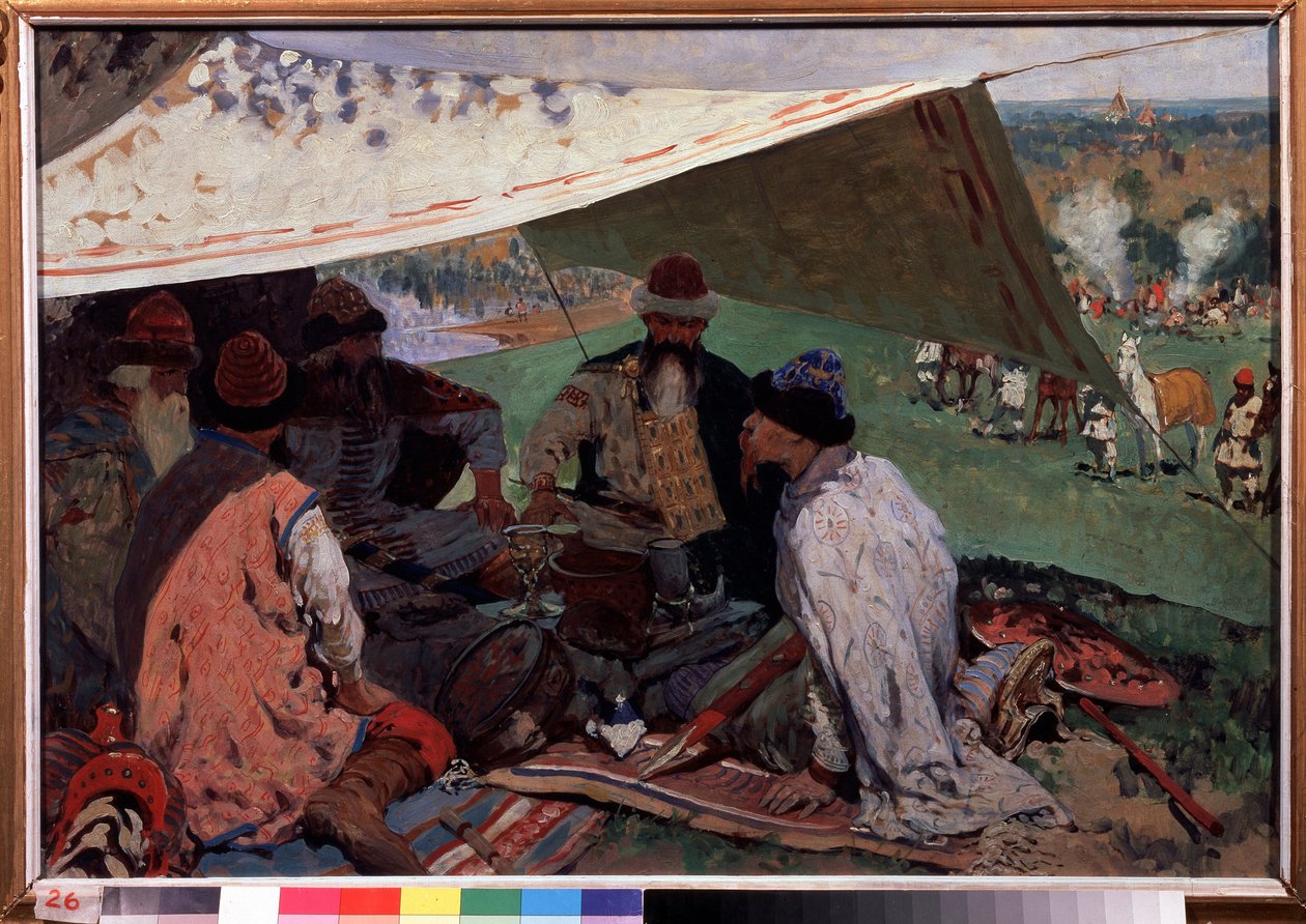 Konvent av ryska prinsar. Möte av furstar från Riourikid-dynastin under ett tält på medeltiden. Målning av Sergei Vasilyvich Ivanov (1864-1910), olja på duk av Sergej Vasilevic Ivanov