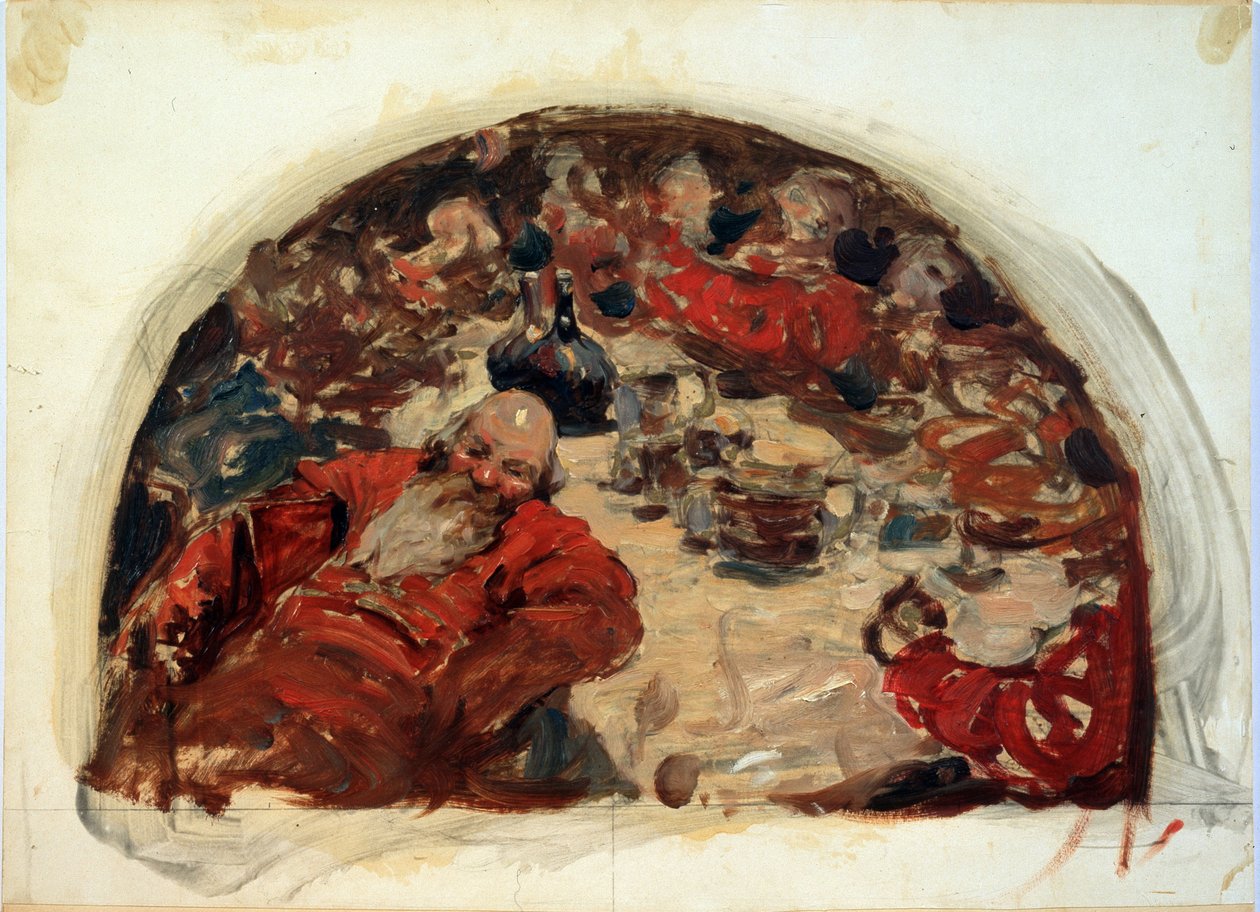 Problemens tid. Period av rysk historia från 1598 till 1613, dryckesplats för män klädda i röda kostymer. Verk av Sergei Vasilyevich Ivanov (1864-1910), olja på kartong av Sergej Vasilevic Ivanov
