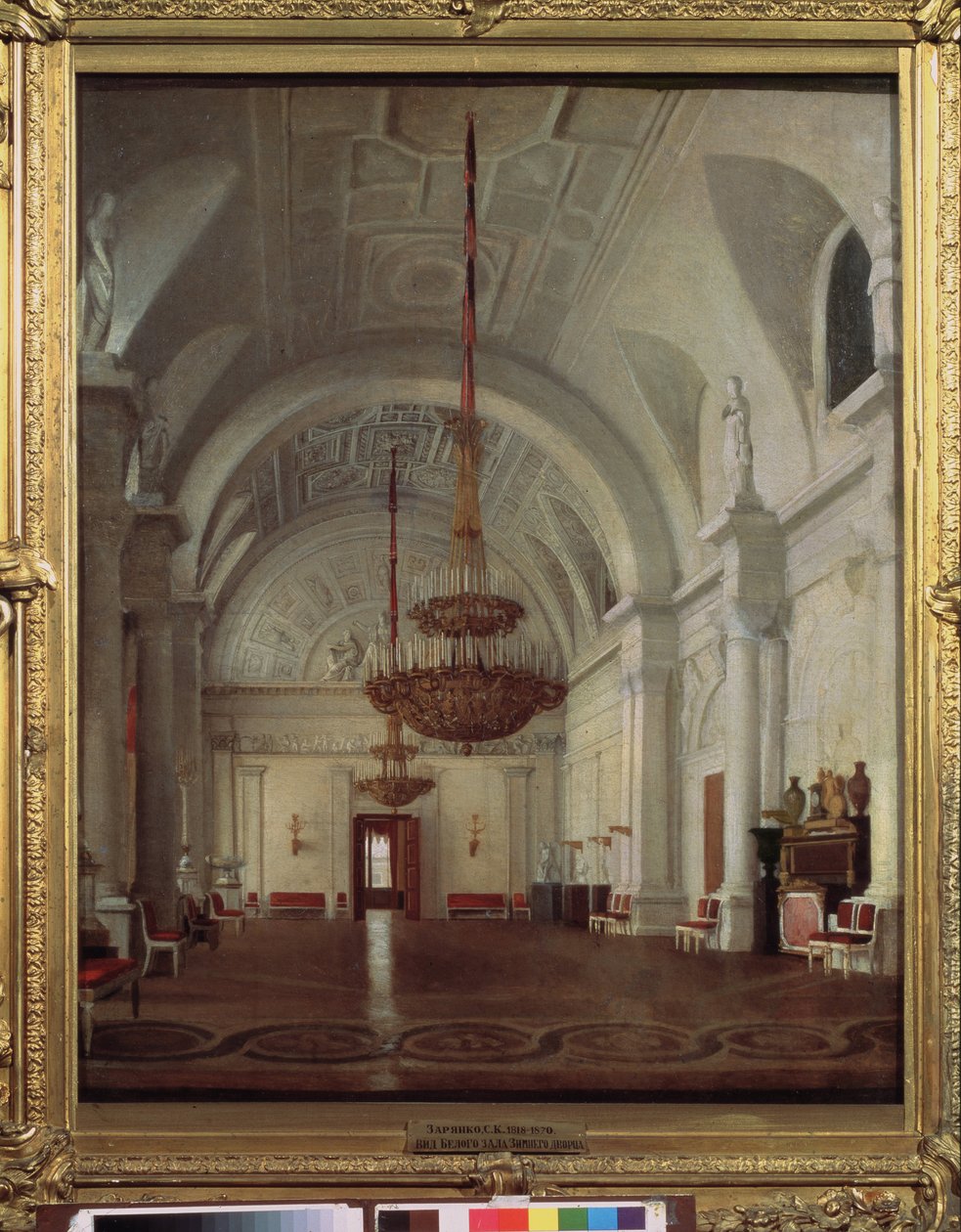 Vy över vinterpalatsets vita hall i Sankt Petersburg. Målning av Sergey (Sergei, Sergei) Konstantinovich Zaryanko (Zarianko) (1818-1870), olja på duk. rysk konst av Sergey Konstantinovich Zaryanko
