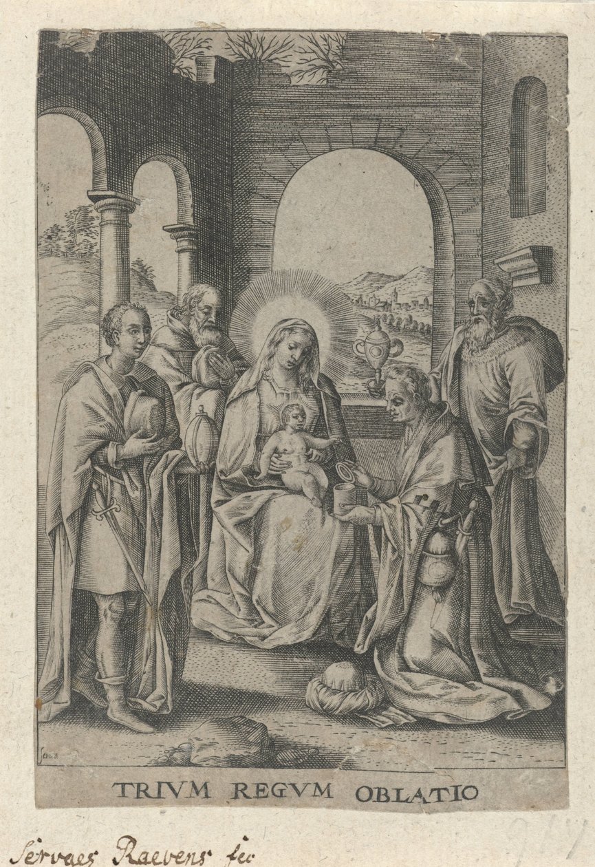 Aanbidding der Koningen The Offer of the Three Kings (titel på objekt) av Servatius Raeven
