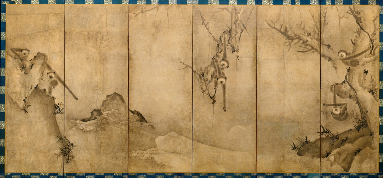 Gibbons i ett landskap, ca 1570 av Sesson Shkei