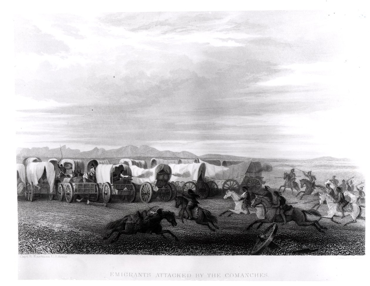 Utvandrare attackerade av comancherna, graverat av John Smith av Captain Seth Eastman