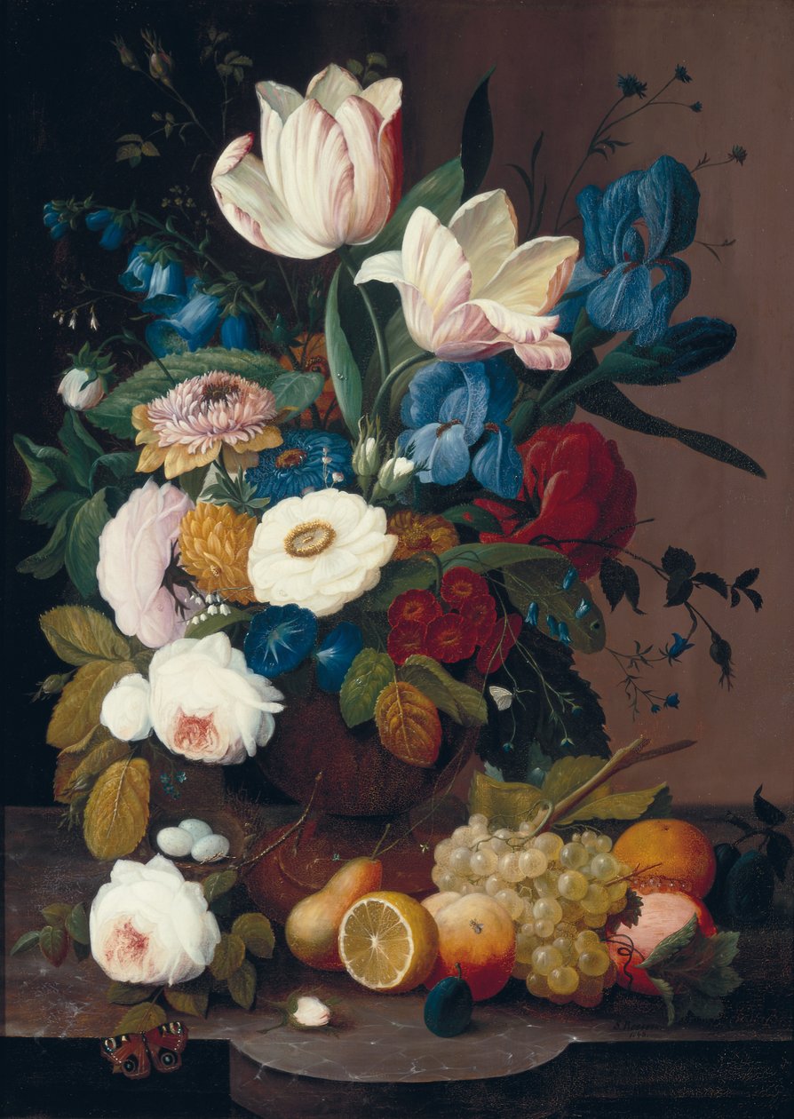 Stilleben, blommor och frukt, 1848 av Severin Roesen