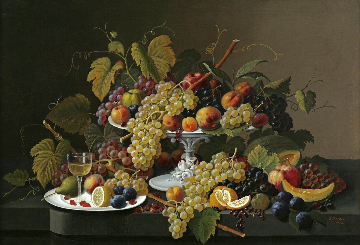 Stilleben av frukt och vin på ett bord av Severin Roesen