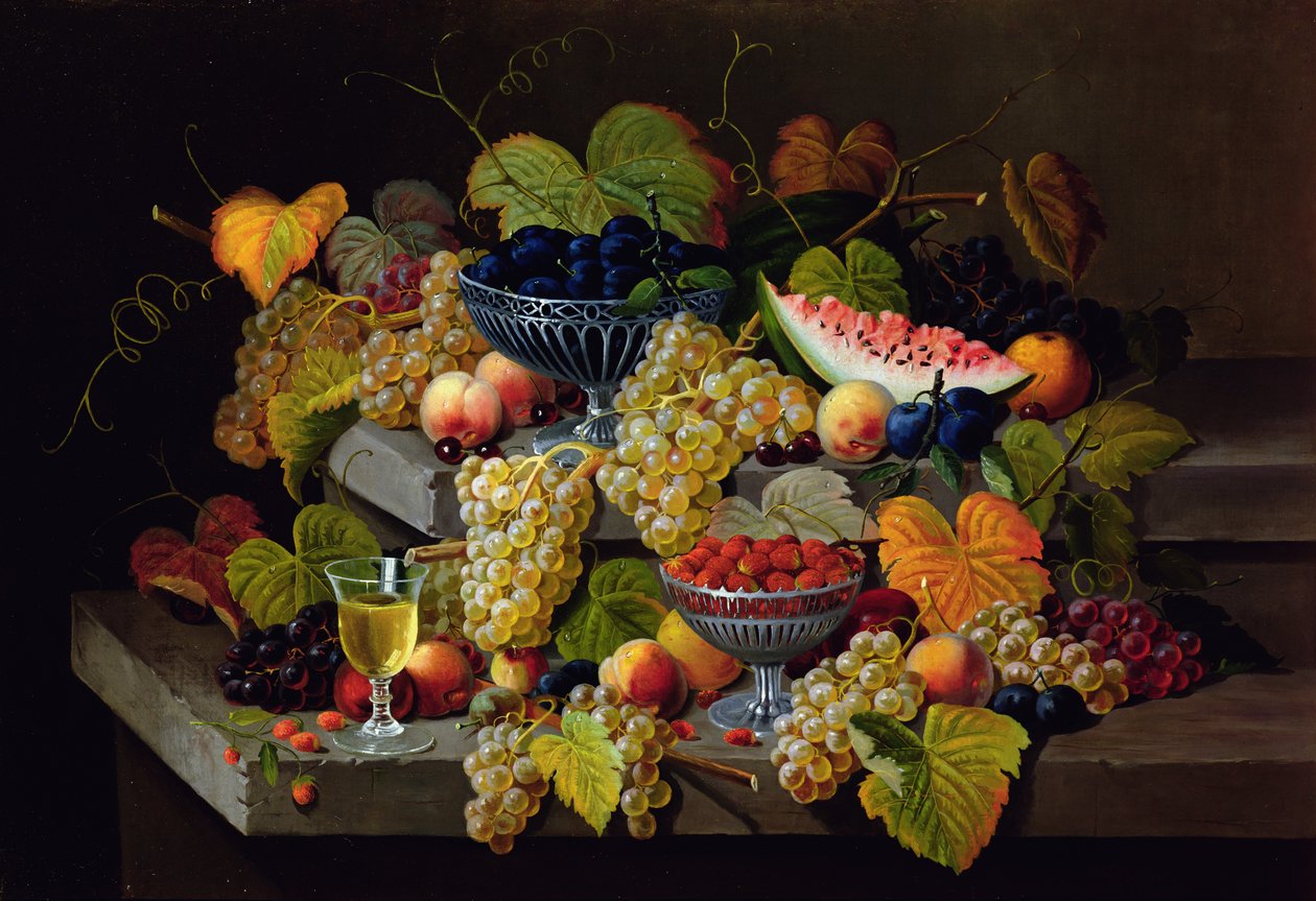 Bado Maisha ya Tikiti, Plum, Zabibu, Peaches, Cherry, Jordgubbar nk kwenye Stone Ledgesswed av Severin Roesen