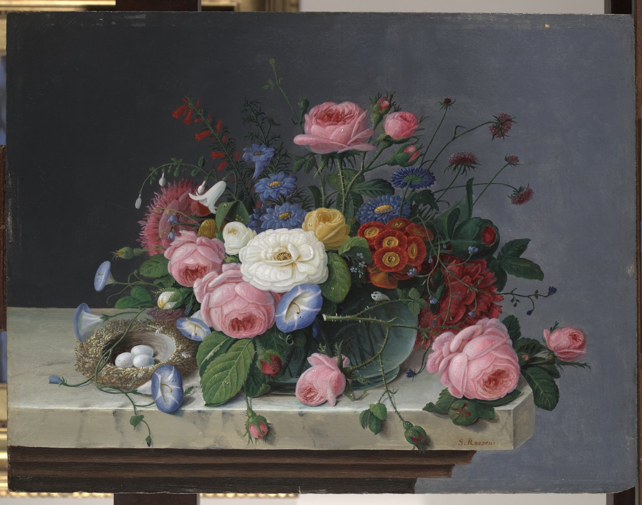 Stilleben med blommor och fågelbo, efter 1860 av Severin Roesen