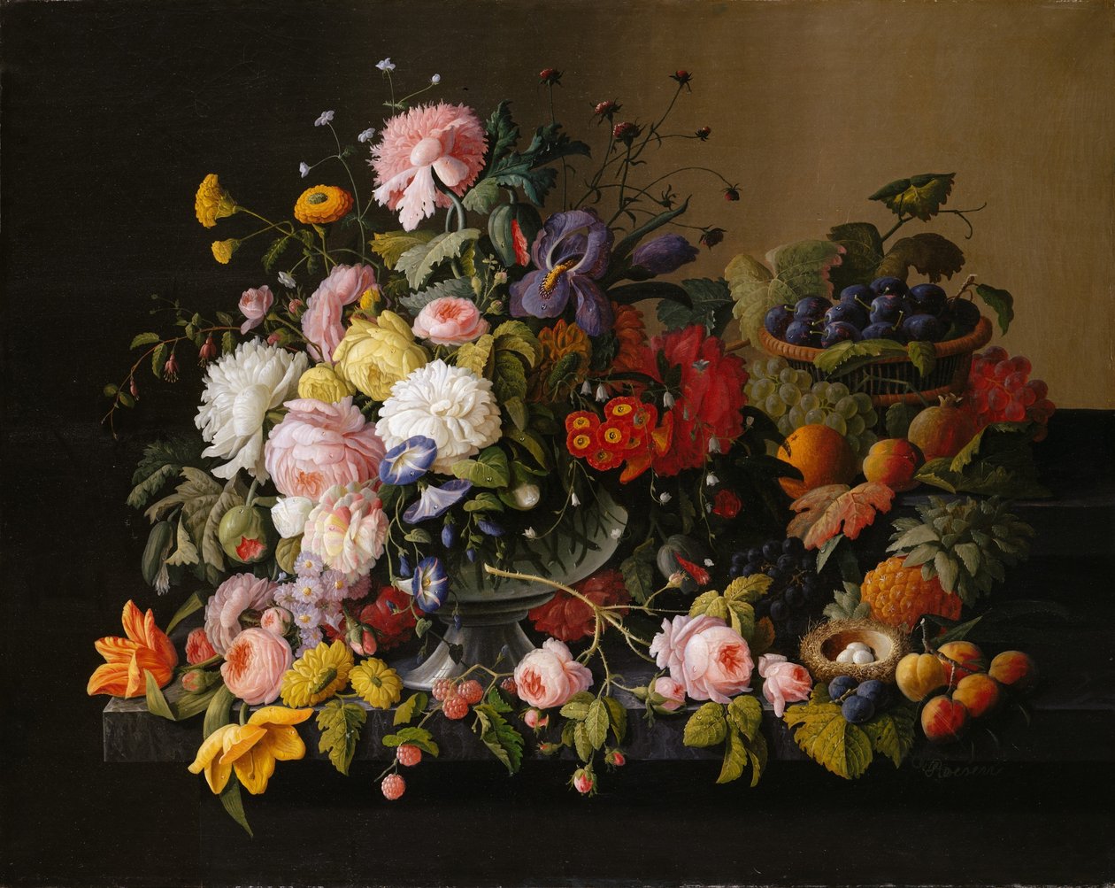 Stilleben: blommor och frukt av Severin Roesen