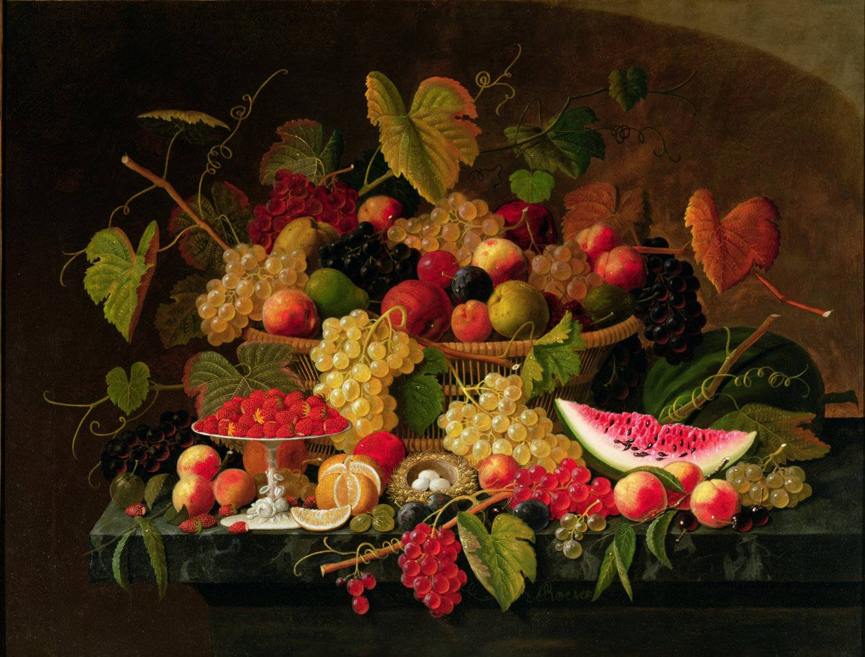 Stilleben med frukt (olja på duk) av Severin Roesen