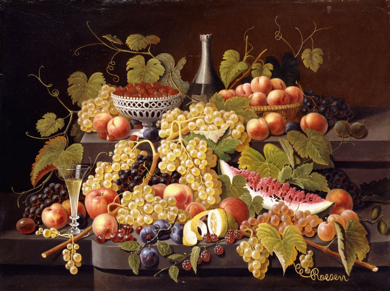 Stilleben med frukt och champagne, av Severin Roesen