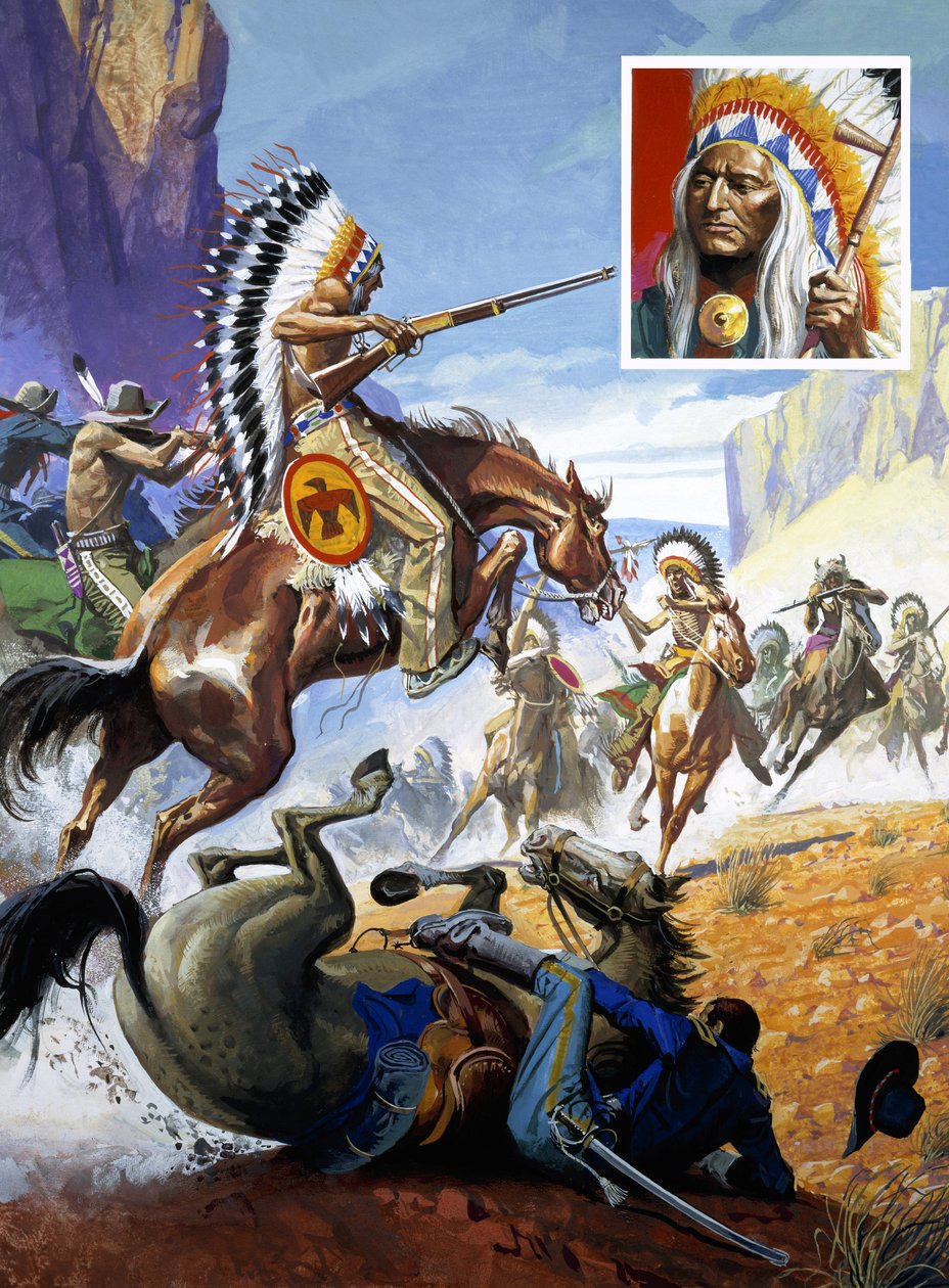 En skärmytsling mellan indianer och amerikanska soldater (gouache på papper) av Severino Baraldi