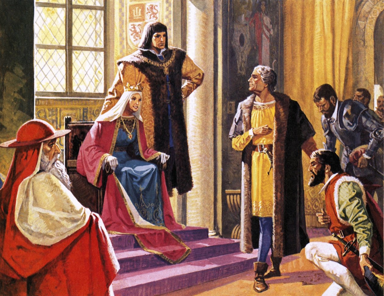 Amerigo Vespucci föreställde sig att han skulle rapportera om sina resor till drottning Isabella av Spanien av Severino Baraldi