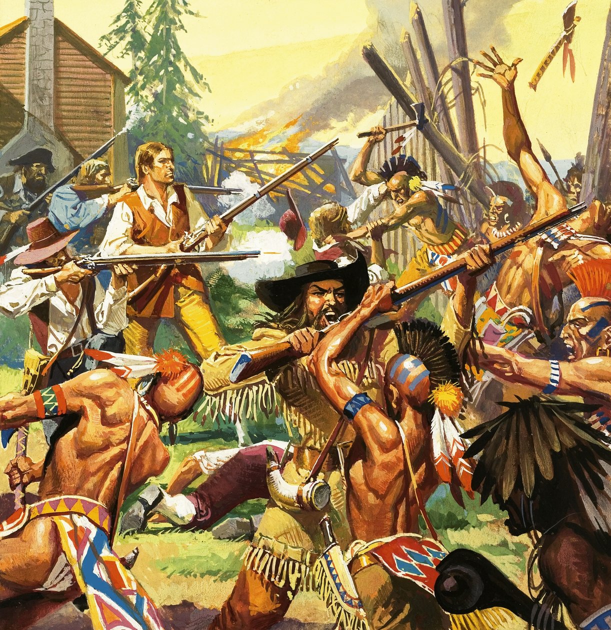 Daniel Boone försvarar en gård i Kentucky mot angripande indianer av Severino Baraldi