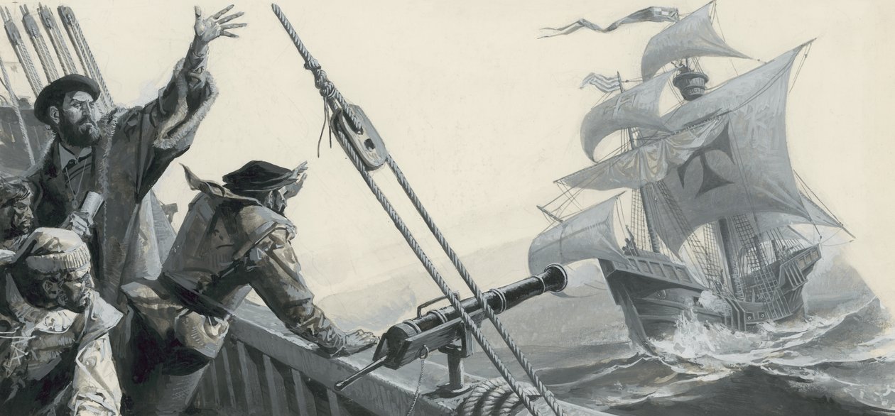 Ferdinand Magellan (1480-1521) om upptäckten av Stilla havet (gouache på papper) av Severino Baraldi