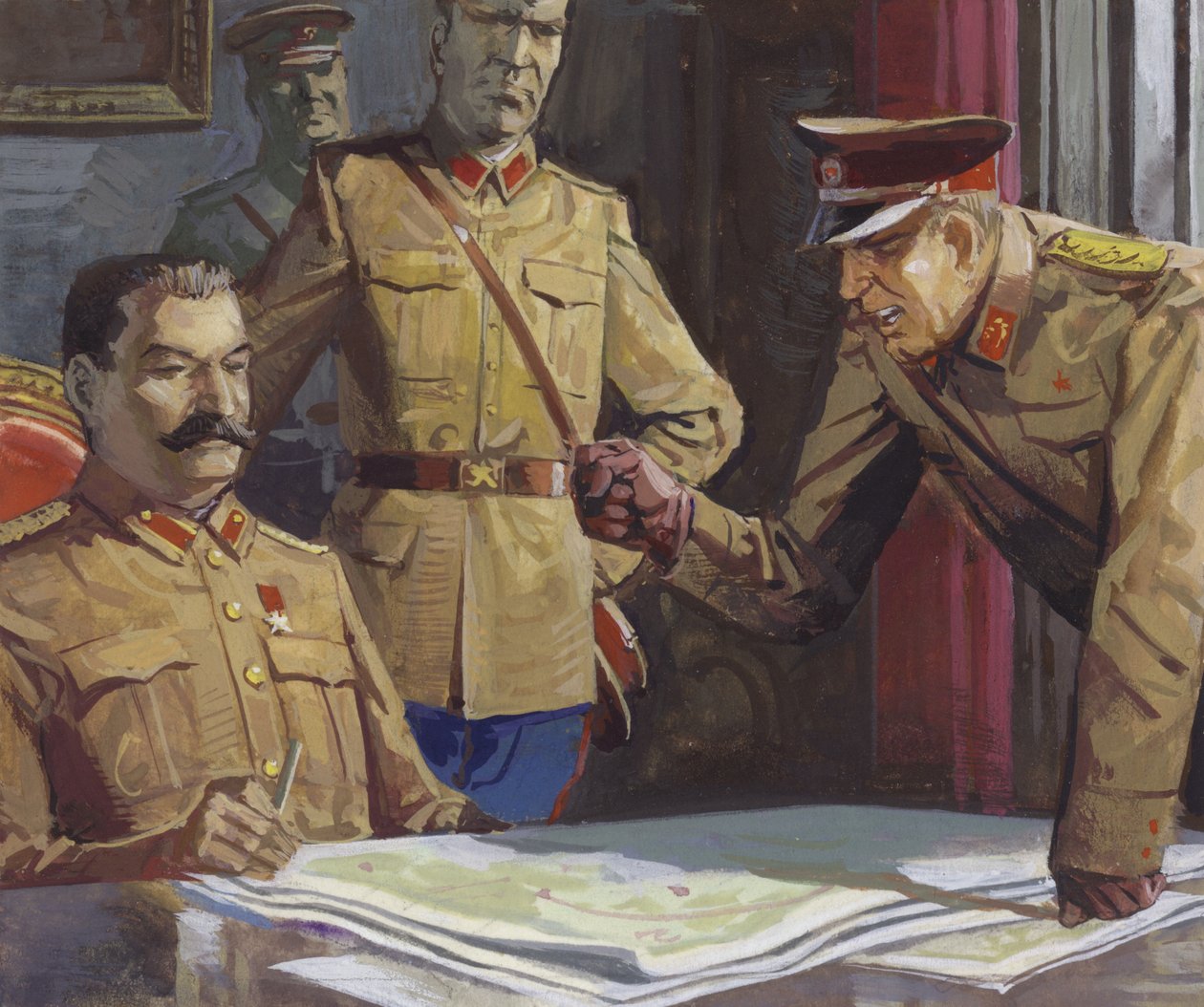 General Georgi Zhukov grälar med Stalin om militär taktik av Severino Baraldi