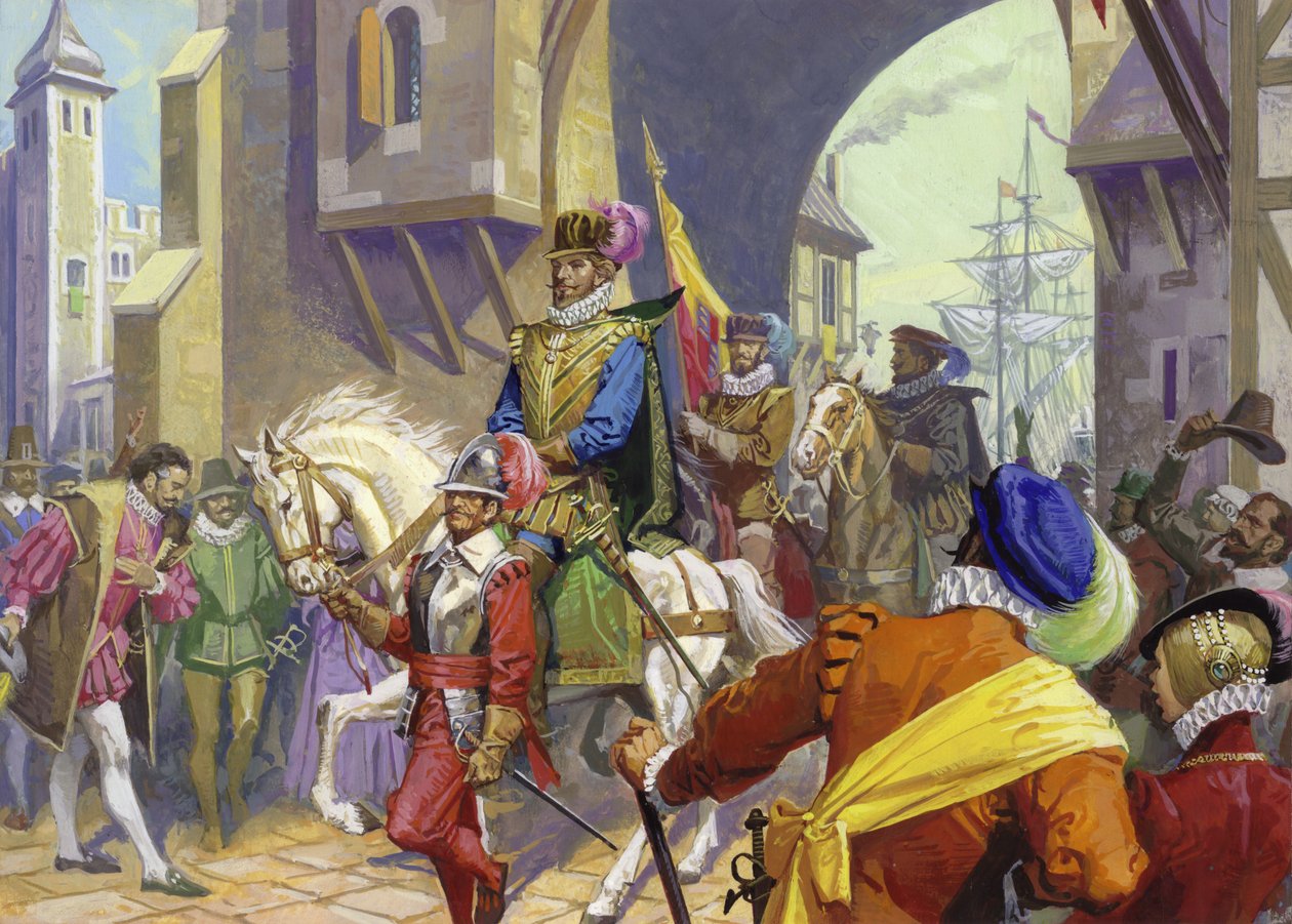 Sir Francis Drake anländer till Plymouth (gouache på papper) av Severino Baraldi