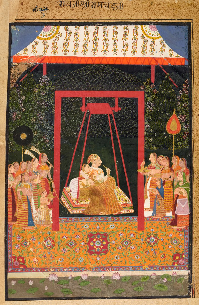 Rao Ram Chandra från Bedla på en gunga, ca. 1740-talet. av Shahji
