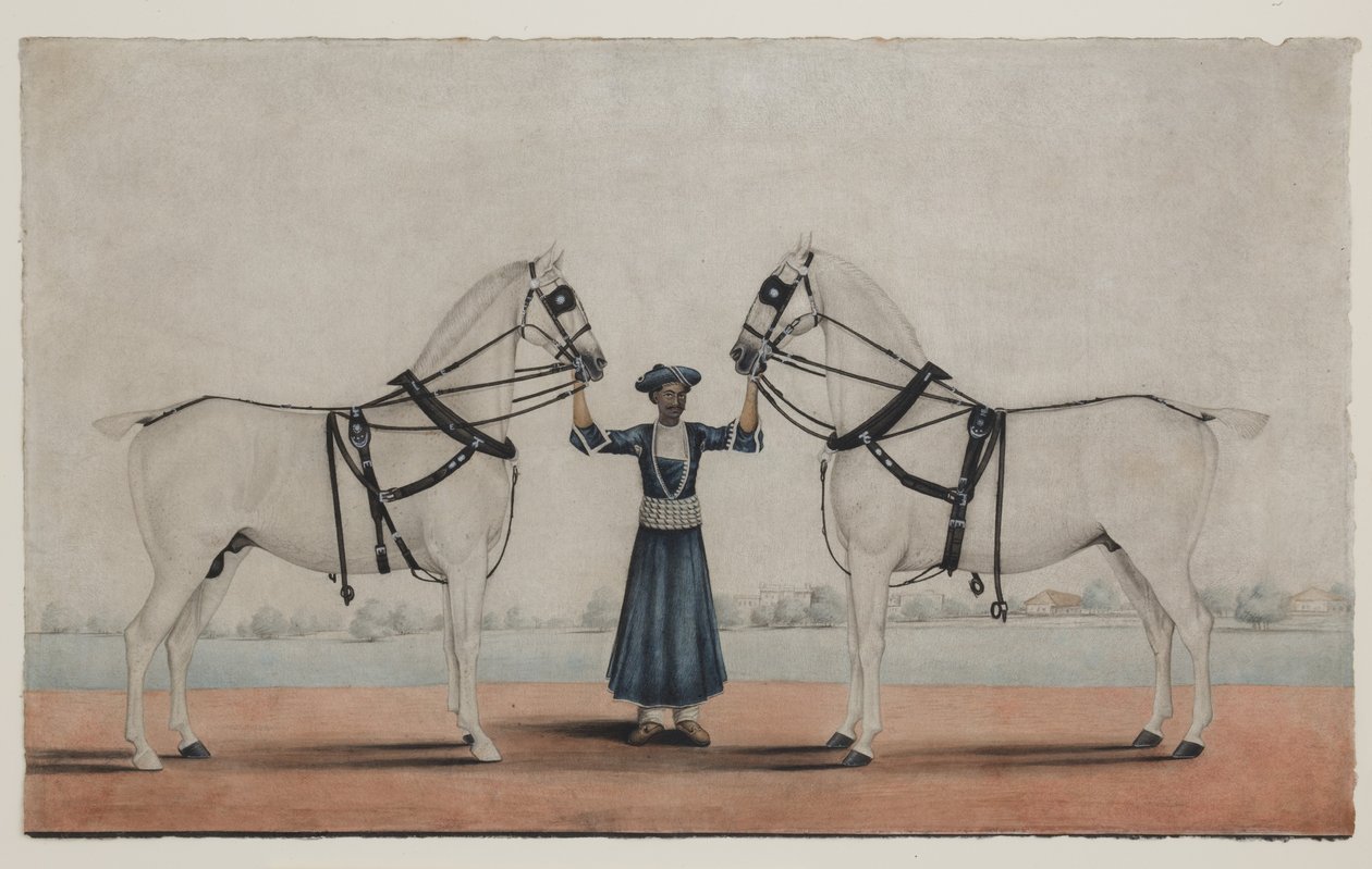 A Syce (Groom) Holding Two Carriage Horses, ca 1845 (ogenomskinlig akvarell på papper) av Shaik Muhammad Amir of Karraya (attr. to)