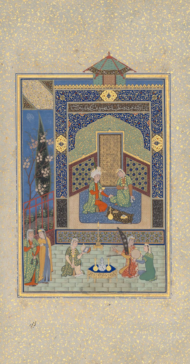 Bahram Gur i det turkosa palatset på onsdag, Folio 216 från en Khamsa...AH 931AD1524-25 av Shaikh Zada