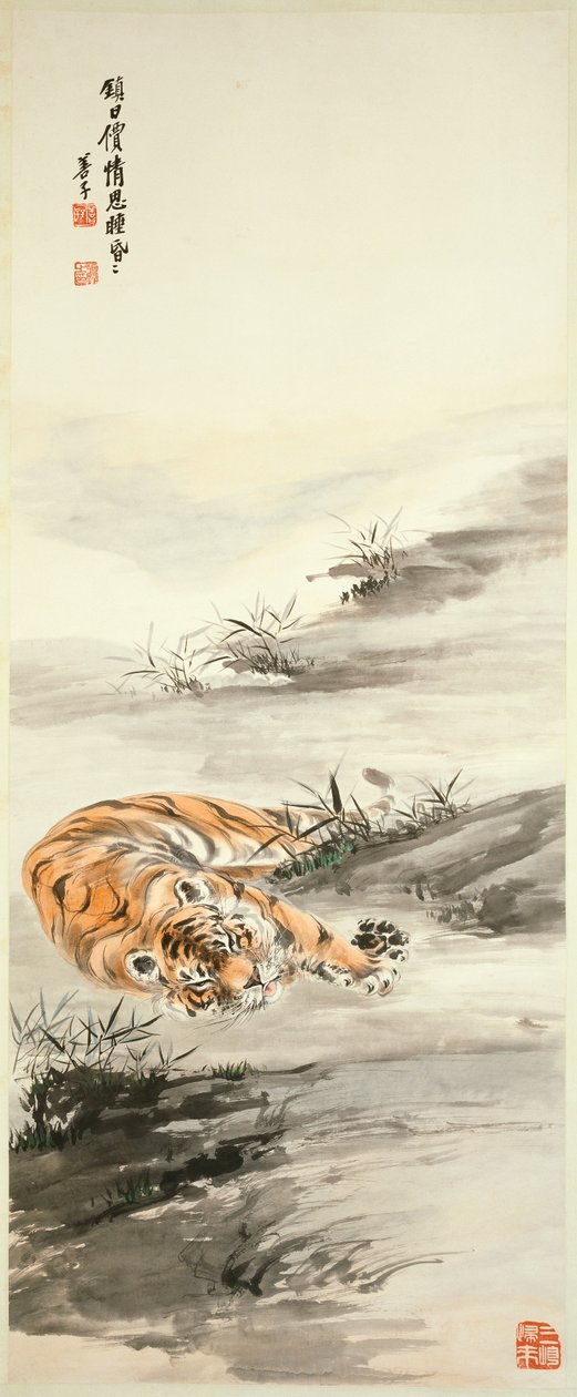 Tiger (hängande rulla, bläck och färg på papper) av Shanzi Zhang